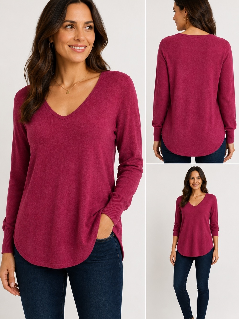 NIC+ZOE Pink Magenta Lightweight Knit V-Neck Sweater XS Cotton Blend NWT